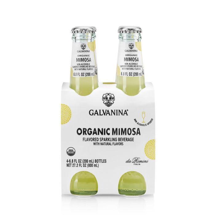 Two 6.8 fl oz (200 ml) bottles of Galvanina Organic Mimosa Mocktail, a non-alcoholic beverage crafted by International Gourmet Foods and featuring natural flavors, are packaged together in a white cardboard holder. The label prominently showcases the brand name, drink type, and the refreshing flavor of its organic ingredients.