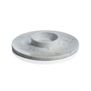 The ZODAX MARBELLA Marble Chip & Dip Server is a round, white marble lazy Susan with a smooth finish, featuring a smaller round marble bowl in the center. Measuring 14 in x 2 in (35.56 cm x 5.08 cm), this server has subtle gray veining and exhibits a minimalist design.