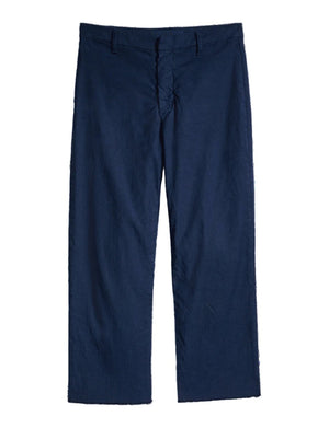 A pair of FRANK & EILEEN Kinsale Trousers in Performance Linen Navy displayed against a light, textured background. These trousers feature a flat front, a button and zipper closure, and a straight leg cut. Crafted from Performance Linen with a high-rise waistband for added comfort, they are also wrinkle-free for effortless style.