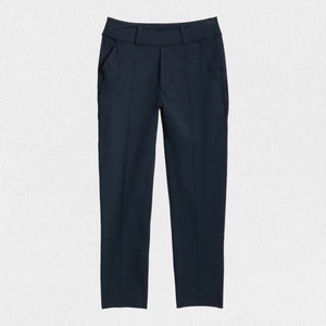 The FRANK & EILEEN - MURPHY BILLION DOLLAR PANT is laid flat against a white background. These black dress pants feature a straight-leg cut, with side pockets and a waistband adorned with belt loops. The fabric appears smooth and slightly stretchy, making them perfect for transitioning from the boardroom to cocktails.