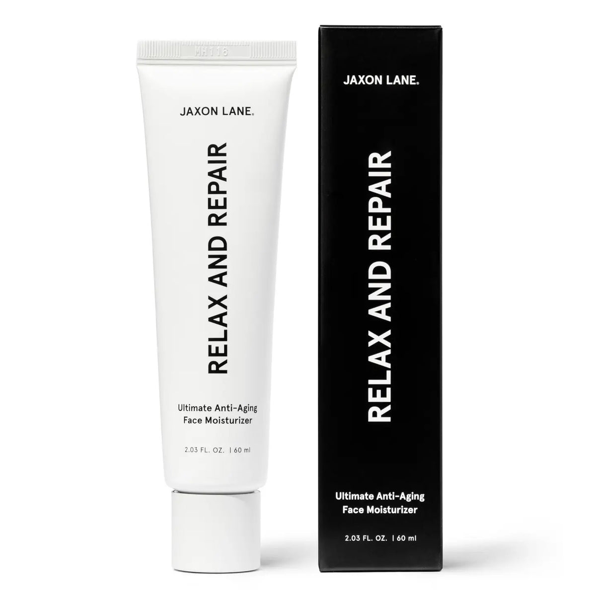 A white tube labeled &quot;JAXON LANE - RELAX AND REPAIR ANTI AGING FACE MOISTURIZER&quot; stands beside a matching black box. This fragrance-free men&#39;s moisturizer from JAXON LANE contains 2.03 fl. oz. (60 ml) of product.