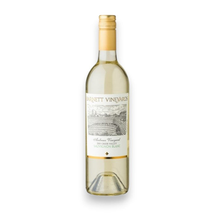 A clear glass bottle of BARNETT SAUVIGNON BLANC 2023/2024 by WINE: 3 KEYS, featuring a gold cap and a white and gold label with vineyard imagery and text, set against a plain white background.