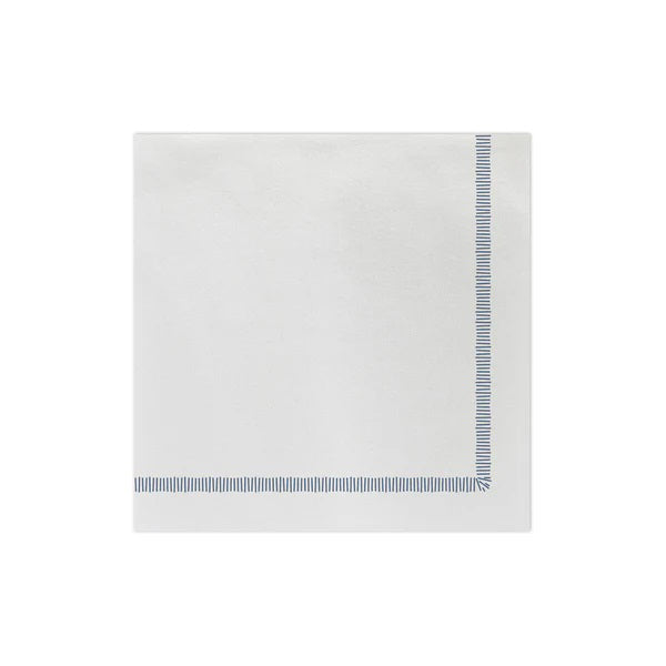 The VIETRI - FRINGE DINNER NAPKIN from the brand VIETRI features a simple blue striped border on two edges, made from absorbent spunlace fabric, shown against a plain white background.