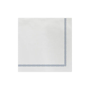 The VIETRI - FRINGE DINNER NAPKIN features a white design with a simple green border along two adjacent sides, offering a clean, minimalistic look. The evenly spaced green lines add a subtle decorative element to this otherwise plain VIETRI napkin.