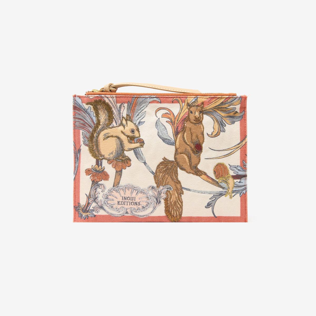 The INOUI EDITIONS - ROCOCO SQUIRREL EMBROIDERED POUCH by INOUI is a rectangular cotton pouch with colorful embroidery of two squirrels amid leaves and swirls, a zipper closure, and &quot;INOUÏ EDITIONS&quot; at the bottom center.
