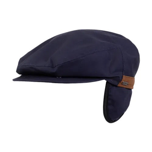 The WIGENS IVY Waxed Cotton Vintage Cap features green weather-resistant fabric, a short brim, brown accent band, fleece lining, and fold-down ear flaps.