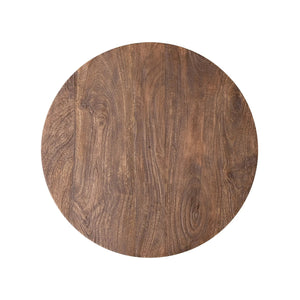 The MANGO SIDE TABLE by CREATIVE COOP is a circular piece made from mango wood, featuring a natural, dark walnut finish with visible wood grain patterns. The surface is smooth and rich in color, showcasing the organic textures and swirls of the wood against a plain white background.