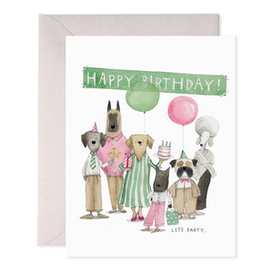 Introducing the delightful DOG PARTY BIRTHDAY CARD by E.FRANCES PAPER: This charming card showcases a group of festive dogs, complete with balloons and a cake beneath a hand-painted "Happy Birthday" banner. Made in the USA, it includes a tiny sign at the bottom that reads, "Let's Party.