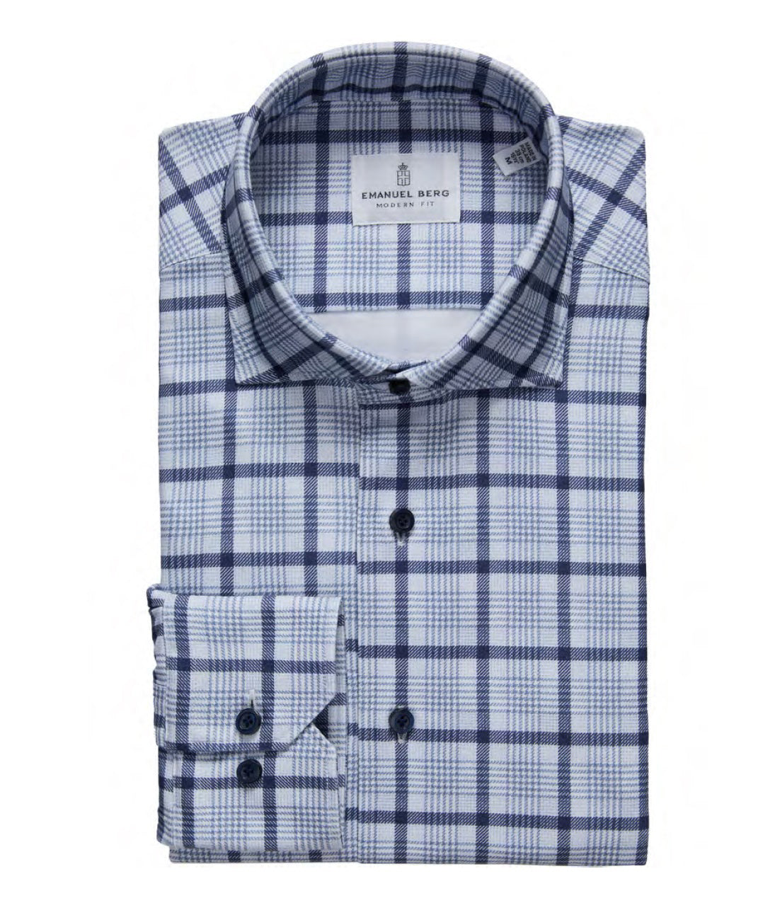 A folded EMANUEL BERG - MODERN 4 FLEX STRUCTURED KNIT SHIRT IN MEDIUM BLUE CHECK with visible collar and cuffs. This four-way stretch shirt features a blue check pattern, navy buttons, and combines comfort with polished style. Label reads &quot;Emanuel Berg.