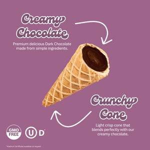 A chocolate-filled waffle cone, MUDDY BITES- DARK CHOCOLATE WAFFLE CONES, is centered against a purple background. Text reads "Creamy Dark Chocolate: Premium delicious dark chocolate made from simple ingredients" with an arrow pointing to the chocolate and "Crunchy Cone: Light crisp cone that blends perfectly with our creamy dark chocolate" with an arrow pointing to the cone. Logos for "GMO Free" and Kosher certification are at