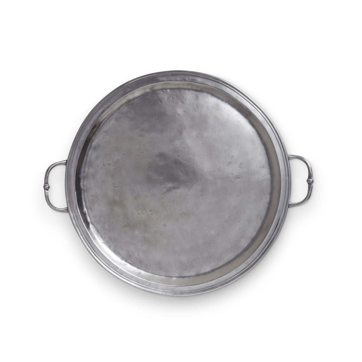 The MATCH - PEWTER ROUND TRAY WITH HANDLES SMALL by MATCH features a round, flat design with two side handles, perfect for serving or as an elegant engraved gift, shown from above on a white background.