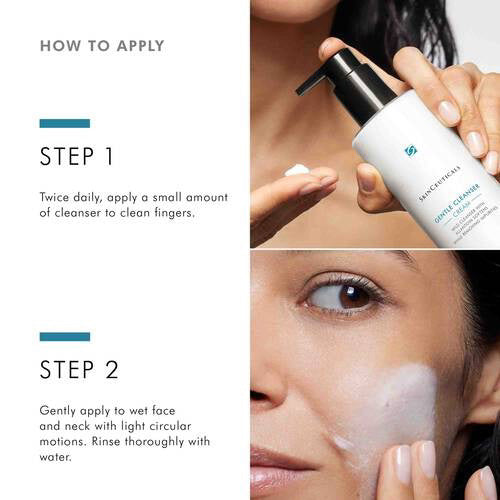 A step-by-step skincare guide with two steps. Step 1 shows a person dispensing a small amount of SKINCEUTICALS - GENTLE CLEANSER onto their clean fingers, ideal for sensitive skin. Step 2 shows the person applying the non-comedogenic cleanser to their wet face and neck with light circular motions.