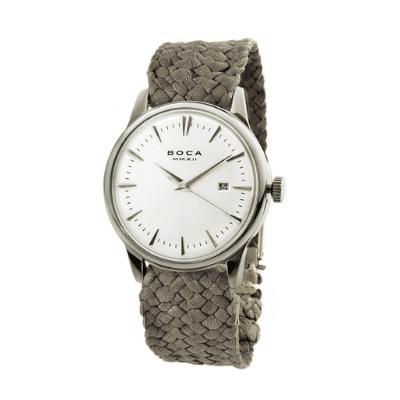 The BOCA MMXII - ALFIERI Sliver Face Watch with Grey Woven Strap features a white face with minimalist black markings. It boasts a woven gray fabric strap, stainless steel case, and a small date display window. The watch brand &quot;BOCA MMXII&quot; is printed on the face.