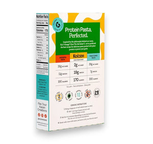 An image of a box of KAIZEN - FUSILLI pasta from KAIZEN FOOD COMPANY highlights its gluten-free, high protein, low carb, and plant-based attributes. The details on the box state: "19g Protein, 2g Net Carbs, 17g Fiber" per serving and feature the phrase "Lean into the Bean" on the side. Each box contains 8 oz (227g).