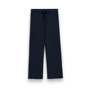 FRANK & EILEEN's CATHERINE 29" Full Length Sweatpant in British Royal Navy features a high-rise, wide-leg silhouette, elastic waistband with drawstring, and garment-dyed finish for a rich look. Shown flat on a white background.