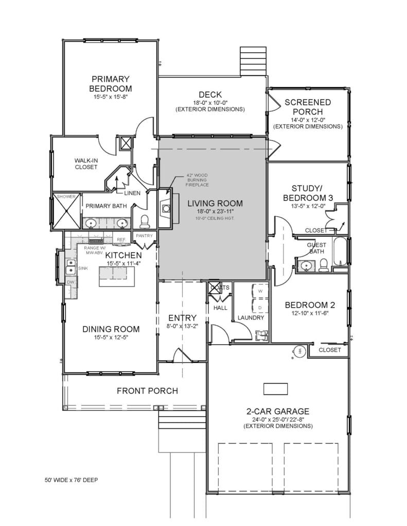 Black and white floor plan of a single-story house with three bedrooms, two bathrooms, a living room, kitchen, study, screened porch, deck, laundry room, and a two-car garage. Entrances are via the front porch and garage.
