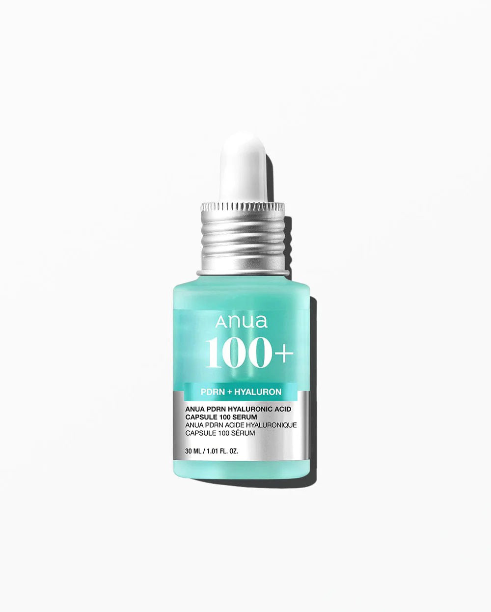 Close-up of a woman’s face with GLOWISS ANUA - HYALURONIC ACID CAPSULE 100 SERUM applied via dropper to enhance radiance. Instructions: After toner, apply serum and gently spread for absorption. Use daily, AM &amp; PM.