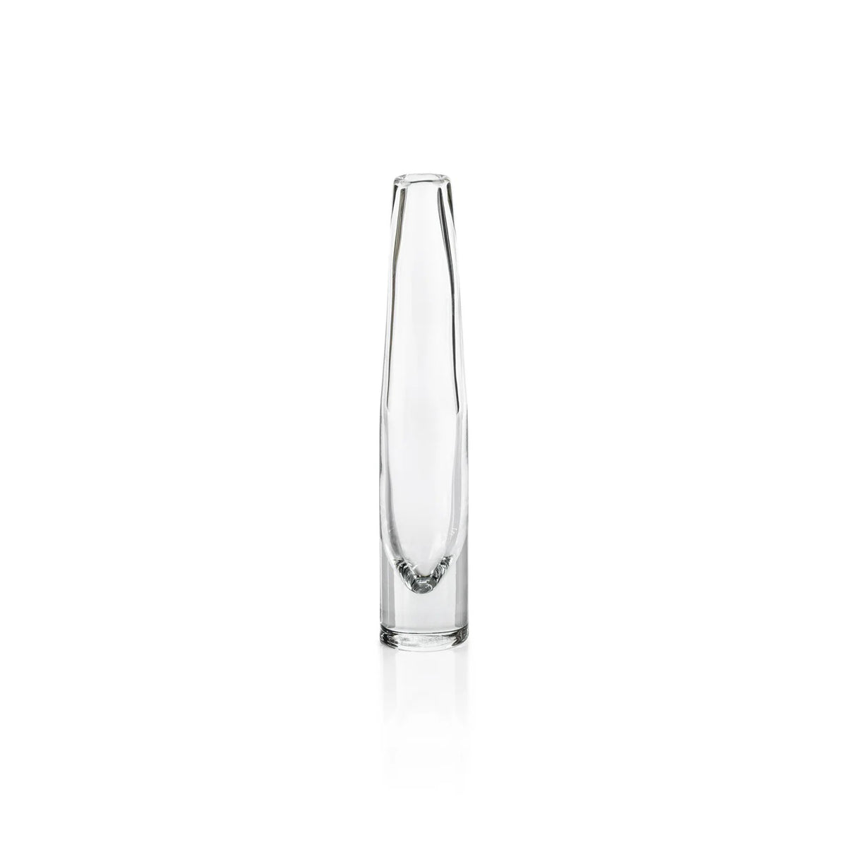 The ZODAX TATE SLIM CLEAR GLASS VASE - SHORT, featuring a narrow neck and wider base, measures 2.5 in x 13.5 in and is shown against a plain white background.