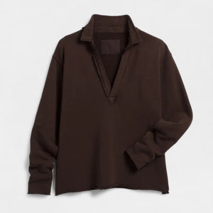 This relaxed fit, long-sleeve pullover shirt in dark brown by FRANK & EILEEN features an open V-neck collar and is displayed against a plain background. The PATRICK POPOVER HENLEY, made from soft Triple Fleece, ensures ultimate comfort for any casual occasion.