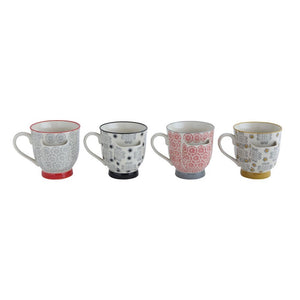 Four intricately patterned stoneware mugs from Creative Coop, each with a unique color, are lined up on a wooden plank against a plain background. Their unique designs create a visually appealing arrangement and, as the "Mug with Tea Bag Holder," they are microwave safe for practicality.