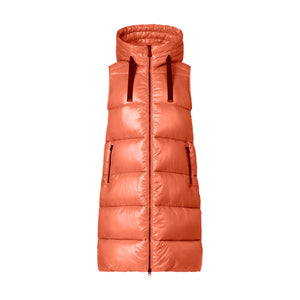 The SAVE THE DUCK - IRIA HOODED LONG VEST by SAVE THE DUCK is a sleeveless, shiny orange quilted vest with a high collar and front zip closure. This windproof performance puffer vest features animal-free padding, two side pockets, and black drawstrings on the collar.