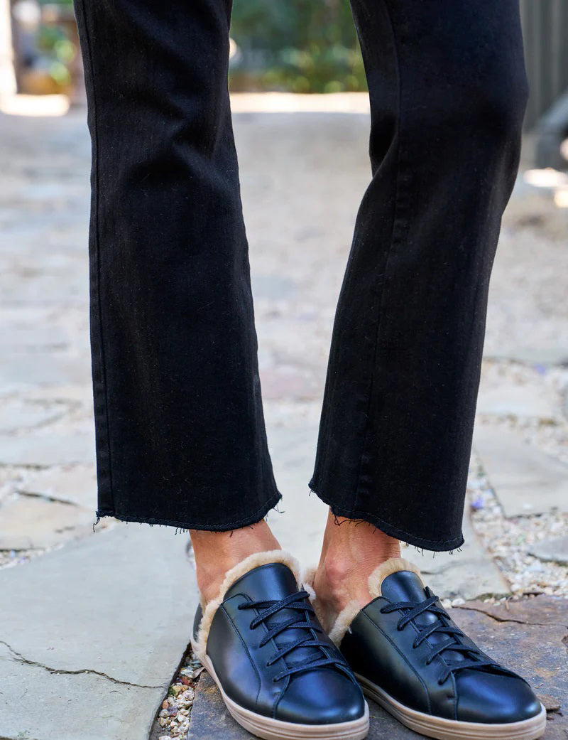 FRANK &amp; EILEEN&#39;s Killian Illusion Crop Flare Pull-On Jeans, echoing the elegance of Italian Dream Denim, are showcased against a white background.