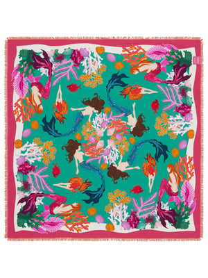 The FRANCO FERRARI - CIALDA DOUBLE SIDED FRINGE SILK SCARF 90CM, made of 100% silk, features a vibrant double-sided pattern in green, pink, orange, white, and brown hues. This colorful scarf can be folded into a triangle and tied at the top and is finished with fringed edges.