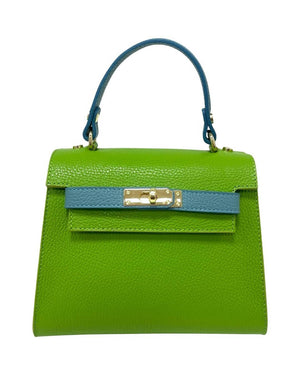 The TWO-TONED LEATHER SATCHEL BAG by LE BORSETTE is a stylish, small structured bag with a vibrant lime green body and a blue flap, highlighted by a gold clasp. It includes a matching blue handle at the top and an adjustable shoulder strap. The handbag boasts a clean, minimalistic design set against a plain white background.