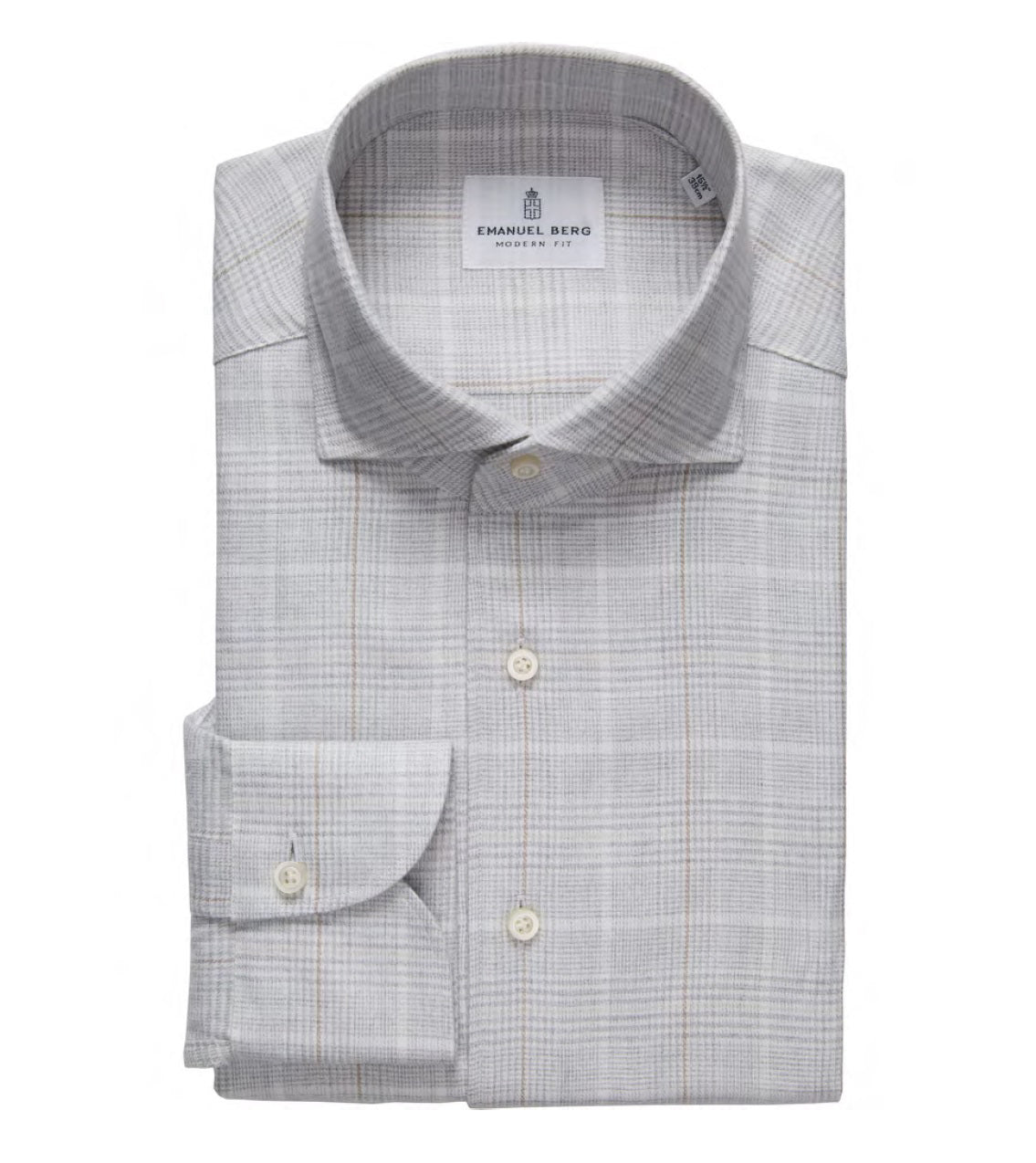 A neatly folded EMANUEL BERG Prince of Wales Luxe Flannel Shirt in grey, long-sleeved with a subtle plaid pattern, classic collar, visible cuff, wrinkle-resistant and labeled &quot;Emanuel Berg Modern Fit.