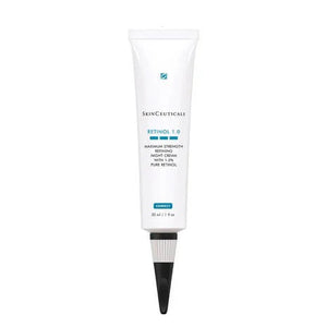 A white tube of SKINCEUTICALS - RETINOL 1.0 Night Cream with a black cap from Skin Ceuticals. The text on the tube indicates it contains 1.0% high-concentration pure retinol. The packaging is clean and minimalistic, designed to effectively reduce the visible signs of aging.