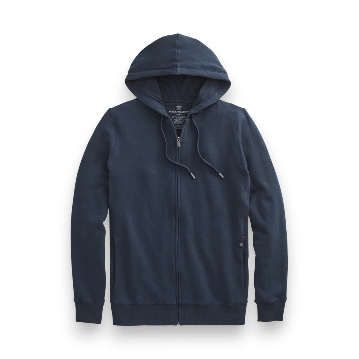 The MACK WELDON ACE Full Zip Hooded Sweatshirt in navy blue features a modern fit, front zipper, hood with drawstrings, and ribbed cuffs and hem, shown laid flat on a white background.