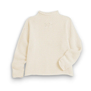 The FRANK & EILEEN Monterey Pointelle Rolled Funnel Neck Sweater in ivory features a cream hue, long sleeves, waffle-knit texture, and luxurious Italian cotton, showcased flat on a white background.