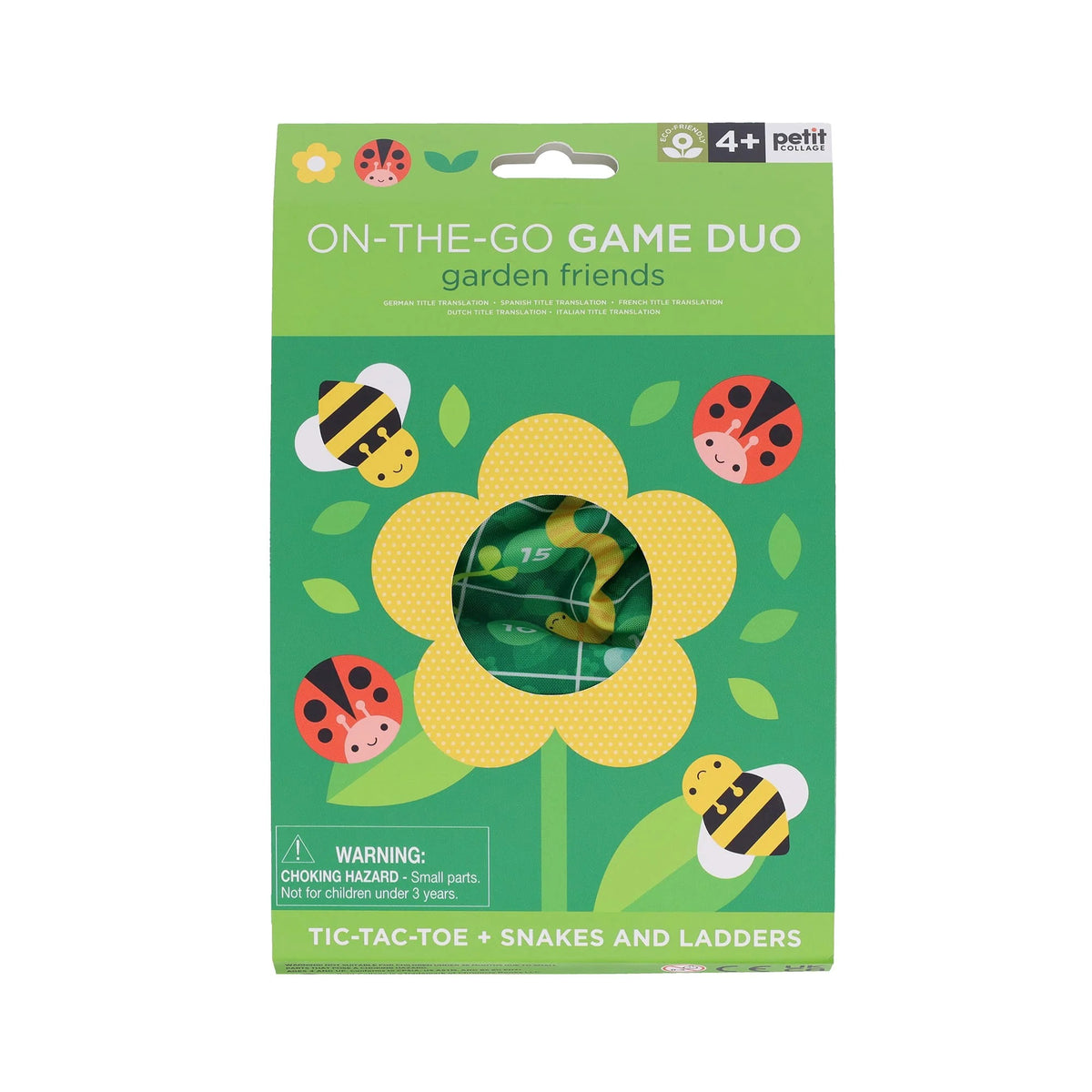 A green box labeled &quot;ON THE GO GAME DUO GARDEN FRIENDS&quot; by Petitcollage for ages 4 and up. It features images of ladybugs, bees, and a yellow flower. This travel game set includes Tic-Tac-Toe and Snakes and Ladders with a warning about small parts not being suitable for children under 3 years.