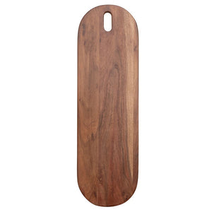 The ACACIA CHEESE BOARD WITH HANDLE by CREATIVE COOP is an oval-shaped cutting board crafted from acacia wood, featuring a smooth, polished surface and natural wood grain patterns. One end of the board includes a handle hole for easy hanging, making it ideal for serving cheese.