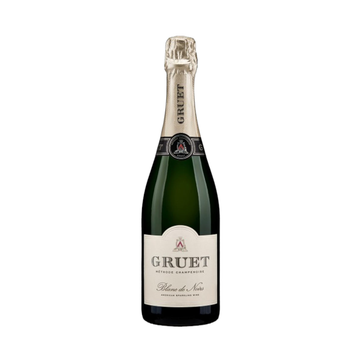 A bottle of Gruet Blanc de Noirs sparkling wine from New Mexico, crafted using the Champagne method, has a green glass body, beige foil on the neck, and a white label with black text for Wine: Empire Distributing.