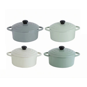 The CREATIVE COOP MINI STONEWARE BAKER WITH LID set includes four mini bakers in gray, mint green, light green, and off-white. Perfect for individual servings, each has a black knob on its lid and dual handles. They are arranged in a neat 2x2 grid.