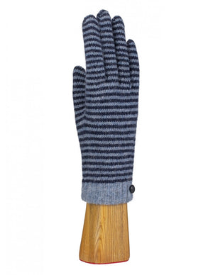 The WOOL AND ANGORA KNITTED GLOVES by SANTACANA MADRID WORLD GLOVE COMPANY, featuring horizontal blue and gray stripes and a small button detail near the wrist, are displayed on a wooden hand model. These gloves offer mobile phone compatibility with their angora-like design.