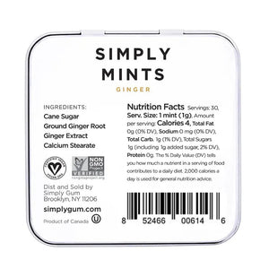 A square metal tin from SIMPLY GUM features a minimalist design with a white background. The words "Simply Mints" are displayed in black, and "Ginger" is highlighted in gold beneath it. Below the text, there’s an image of fresh ginger root, emphasizing its refreshing fall flavor. The tin has a net weight of 1.1 oz (30g).