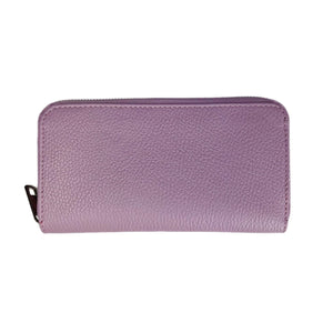 Introducing the LEATHER WALLET by MIRAMI FIRENZE: a vibrant pink, large rectangular wallet boasting a smooth, minimalist design. It features a zip closure along the top and right edge and has a slightly textured surface.