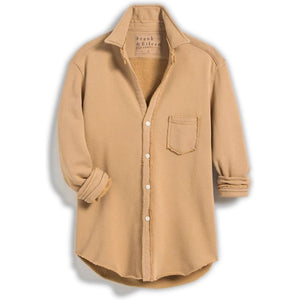 FRANK & EILEEN's EILEEN RELAXED SWEATSHIRT BUTTON UP offers a tan button-up shirt with rolled-up sleeves, a single chest pocket, and turned-up collar. Its textured fabric presents a casual, comfortable, bust-flattering look.