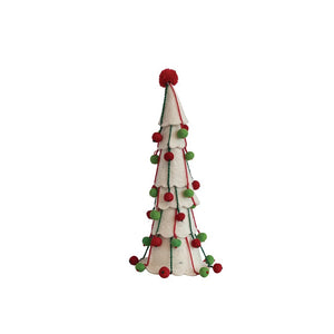 A set of five delightful CREATIVE COOP HANDMADE WOOL FELT TREES WITH POM POMS is displayed in a row. Each tree is uniquely decorated with colorful felt balls, pom poms, stars, and leaves, varying in height and design. The vibrant holiday decorations stand out beautifully against a cream-colored background.