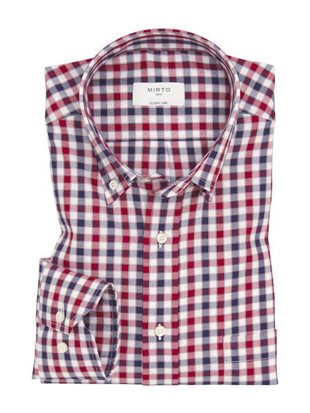 The MIRTO 1956 Men&#39;s Cotton Button Down features a blue and red check pattern, crafted from soft cotton with a classic fit, classic collar, and white buttons.