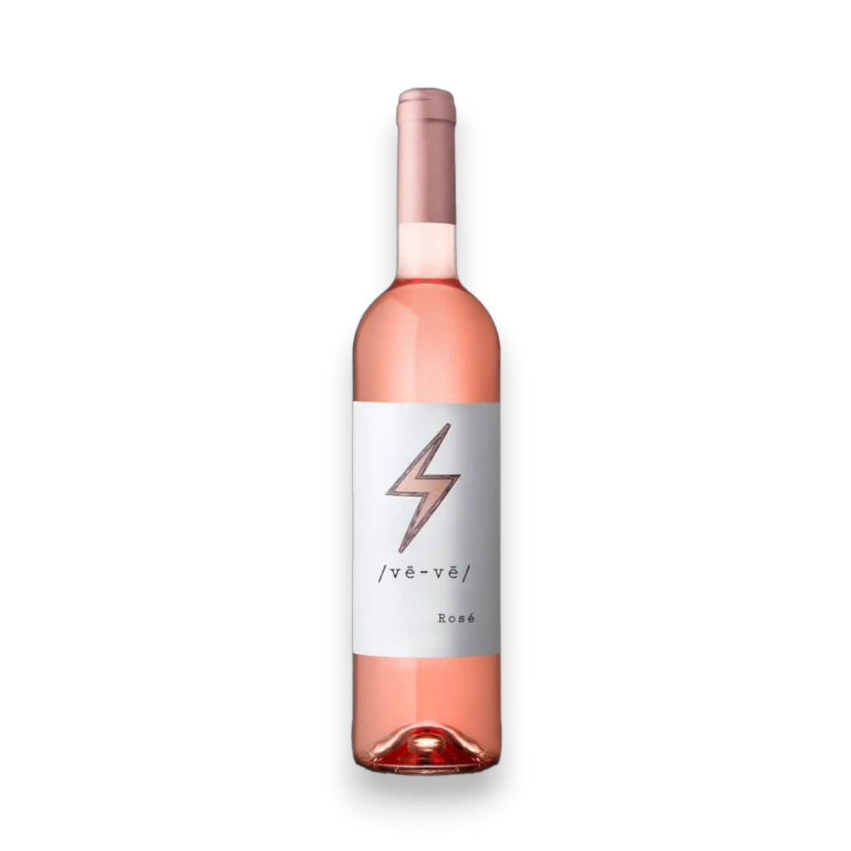 A clear glass bottle of VENTOZELA VE-VE ROSE 2024 by WINE: KELLOGG SELECTIONS, featuring a light pink cap and minimalist &quot;/vē-vē/ Rosé&quot; lightning bolt label, inspired by Vinho Verde. Available for North Carolina shipping.