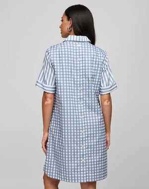 A woman in the HINSON WU Aileen Stripe and Gingham Dress, made from 100% cotton, stands against a plain backdrop. The dress features short sleeves and a collar. Her long dark hair cascades over her shoulders as she gazes directly at the camera.