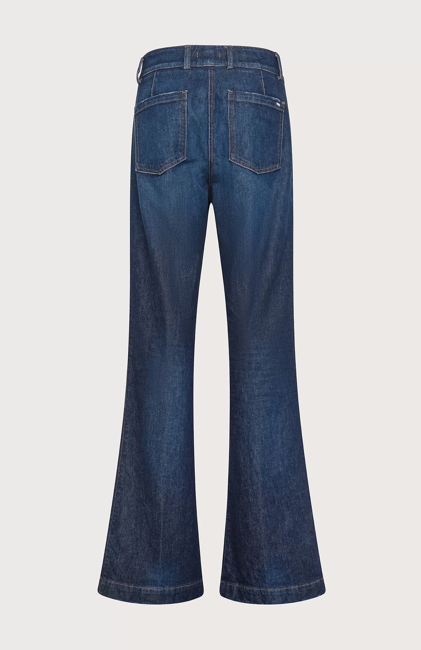 The SEVENTY VENEZIA Stretch Denim Flared Jeans by SEVENTY feature a dark wash, front patch pockets, and visible stitching. These high-waist jeans extend from the knee to the hem in a bell-bottom style.