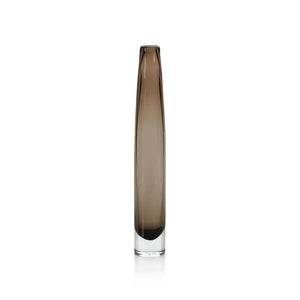 The ZODAX TATE Slim Glass Taupe Vase (medium) features a sleek, slender design in smoky brown glass and stands elegantly with others beside a wide bowl on a neutral surface for modern visual impact.