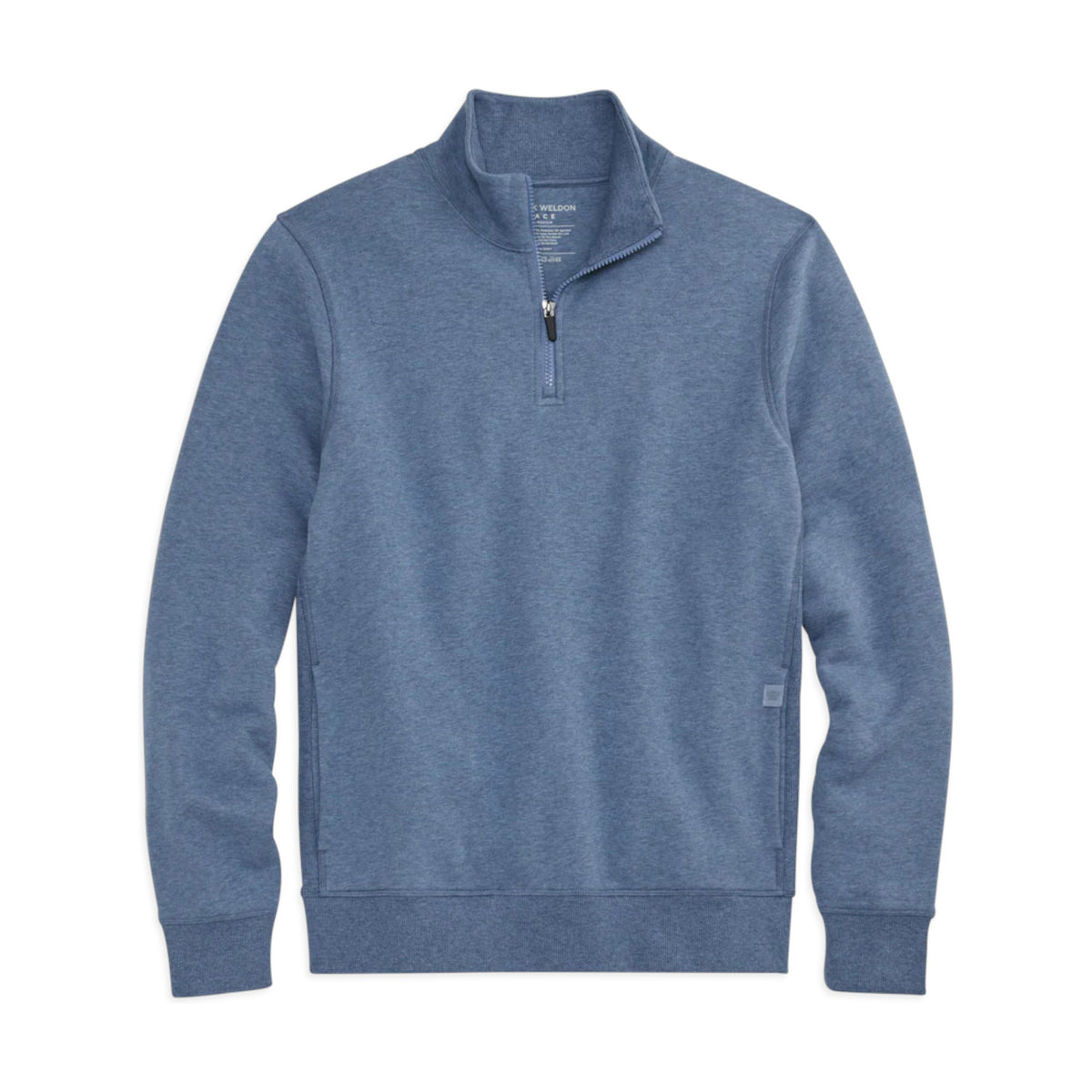 The MACK WELDON Ace Half Zip Sweater in Blue Jean features a stand-up collar and long sleeves, shown laid flat on a white background.