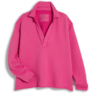 The FRANK & EILEEN Patrick Popover Henley in Triple Fleece Rose features a vibrant pink color, wide collar, subtle V-neck, ribbed cuffs, relaxed fit, and interior brand tag. It is enhanced by a garment-dye process for rich color.