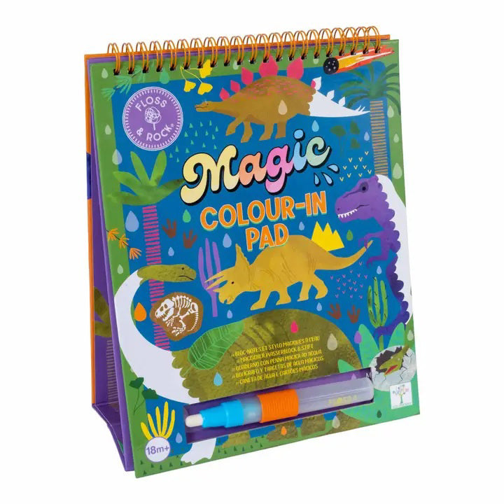 A vibrant, spiral-bound &quot;Floss and Rock - Dino Easel Watercard and Pen&quot; featuring dinosaur illustrations and a reusable water pen. The cover showcases various dinosaurs and foliage against a lively background. This eco-friendly toy by Floss &amp; Rock is suitable for ages 18 months and older.