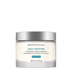 A 60 ml jar of SKINCEUTICALS - DAILY MOISTURE by SkinCeuticals features a silver lid and a white label with blue and black text. This lightweight face moisturizer is described as a pore-minimizing formula, suitable for normal to oily skin.